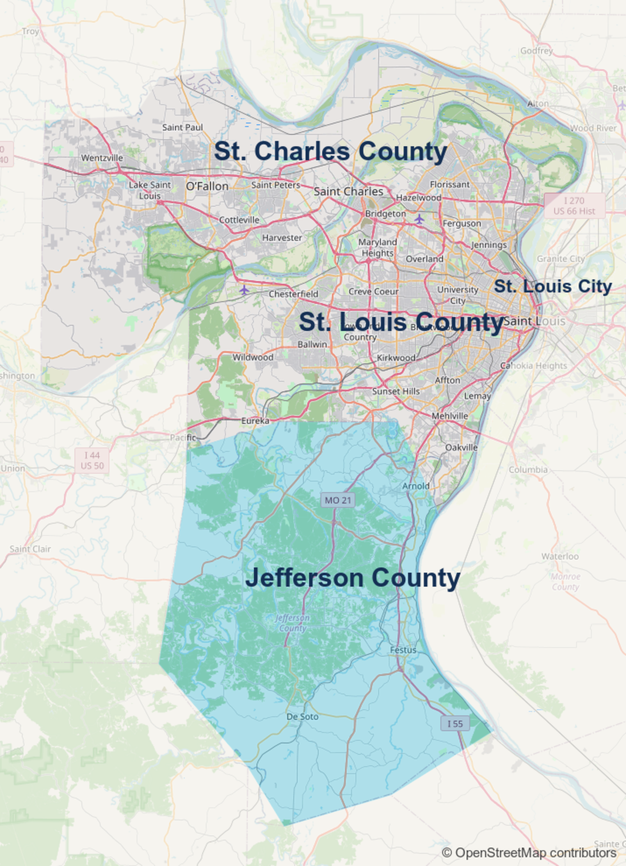Map of the four service areas with Jefferson County highlighted