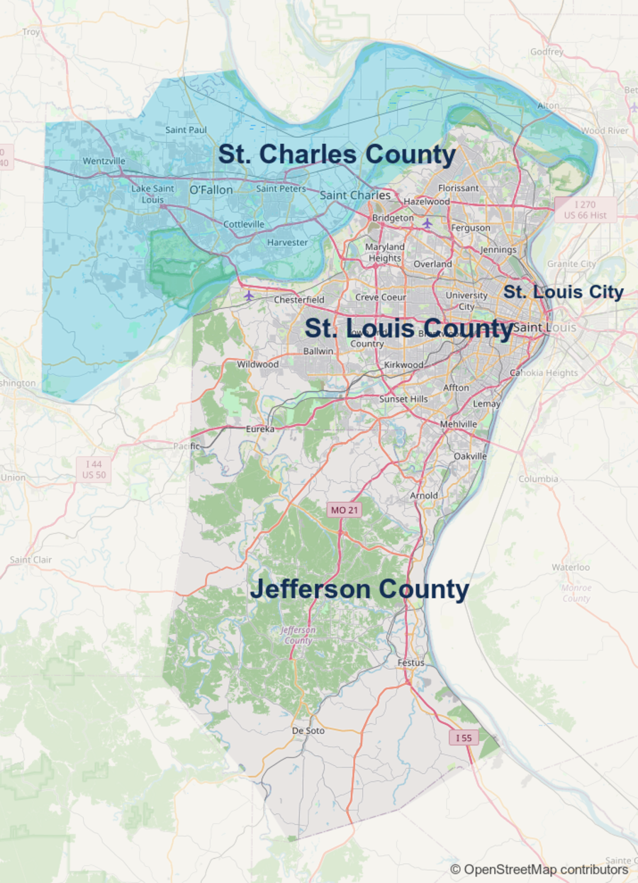 Map of the four service areas with St. Charles County highlighted
