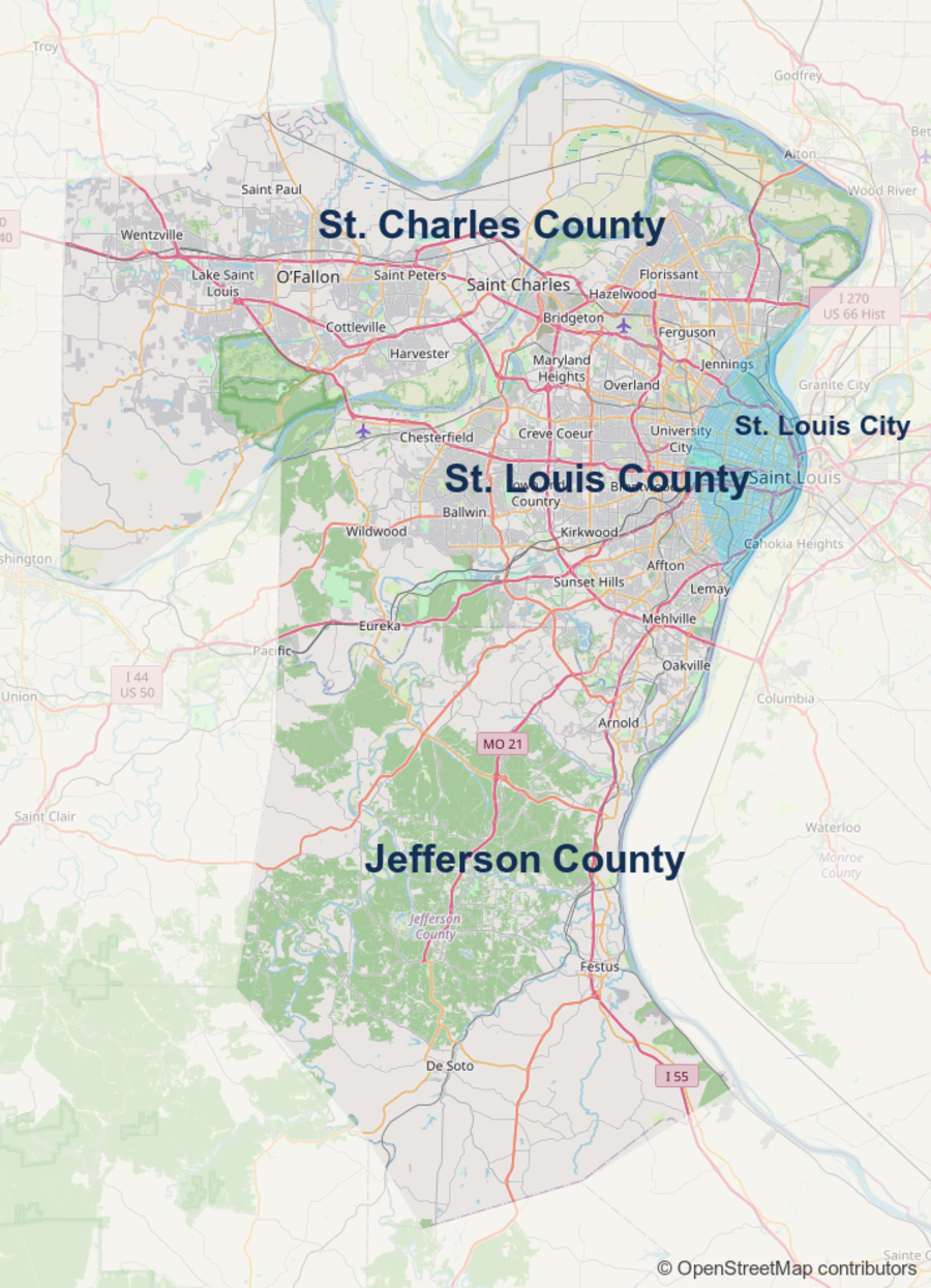 Map of the four service areas with St. Louis City highlighted