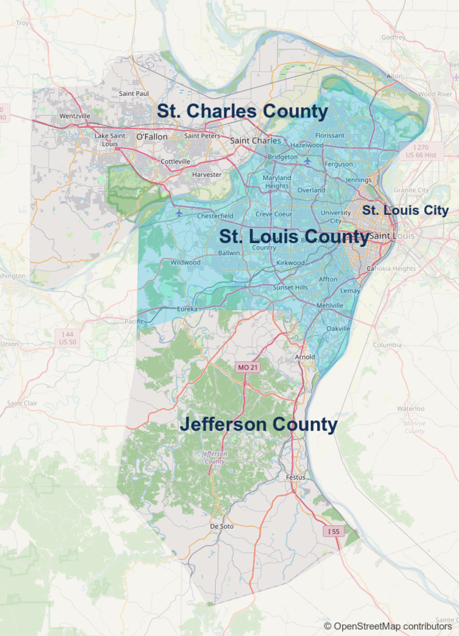 Map of the four service areas with St. Louis County highlighted