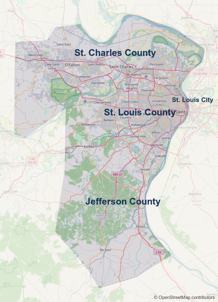 Map of Jefferson County, St. Louis City, St. Louis County and St. Charles County