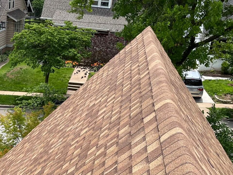 Brown-blend architectural shingle roof seen from above, with a capped hip line running to a pointed corner, and trees and neighboring houses beyond.