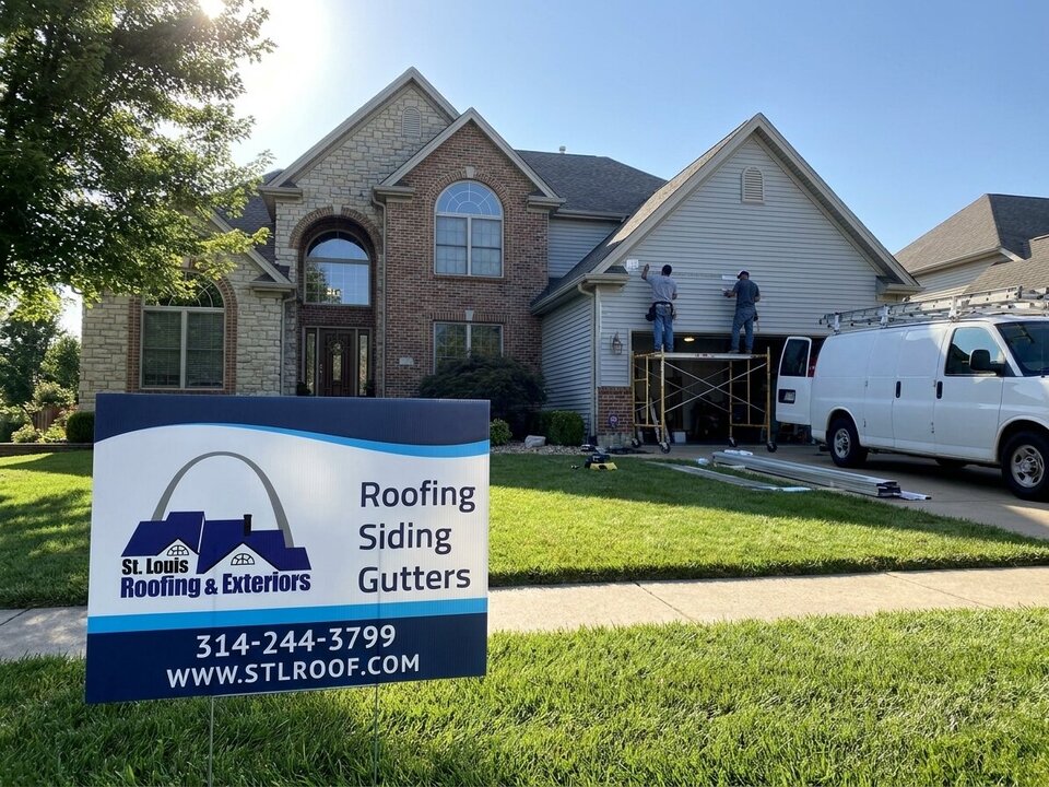 A crew on scaffolding working on a home exterior.